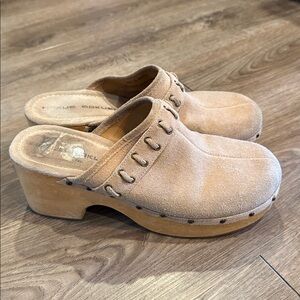 Hokus Pokus Y2K Wood Beige Suede Mule Clog Shoe Size 11